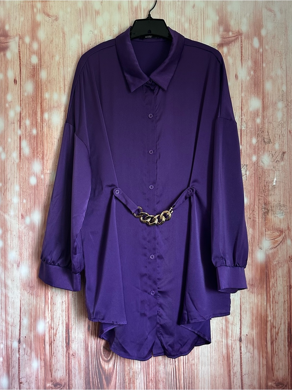 Shein Curve Purple Satin Belted Oversized Belted Button Up Tunic Blouse Sz 4X